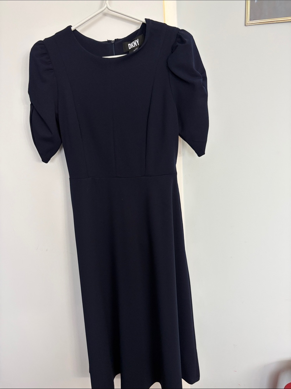DKNY Black Midi Dress with Puff Sleeves
